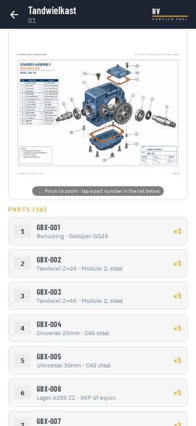 Spare parts book — tap a part on the drawing